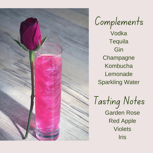 jardin rose garden rose, red apple violets and iris complements spirits,